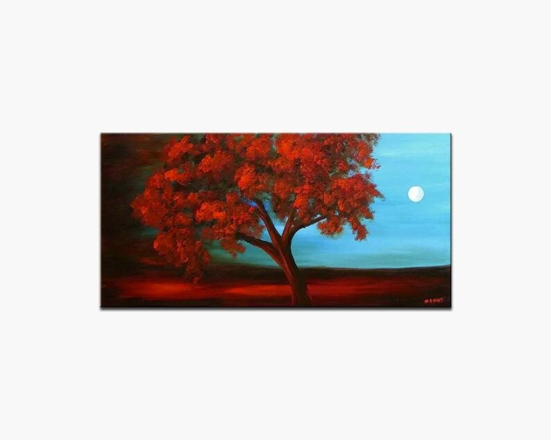 May include: A painting of a red tree with a full canopy against a blue sky with a white moon. The tree is in the foreground and the moon is in the upper right corner of the painting.