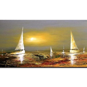 May include: A painting of a seascape with white sailboats on a body of water with a golden sunset in the background.