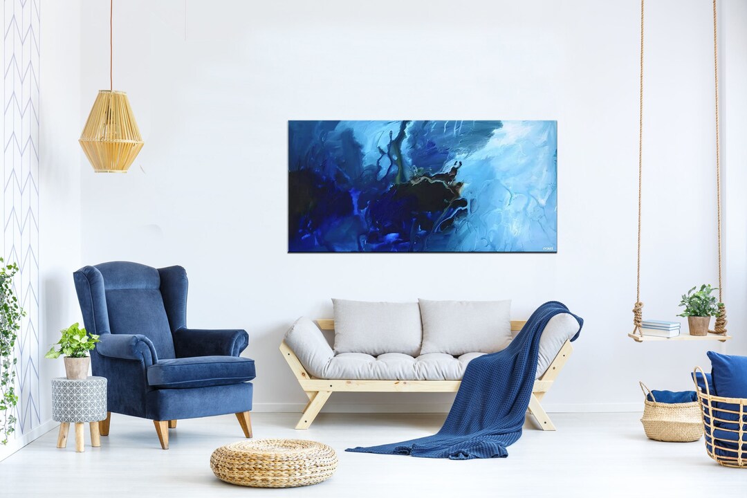 Blue Abstract Painting on Canvas, Light Blue Living Room Wall Art ...
