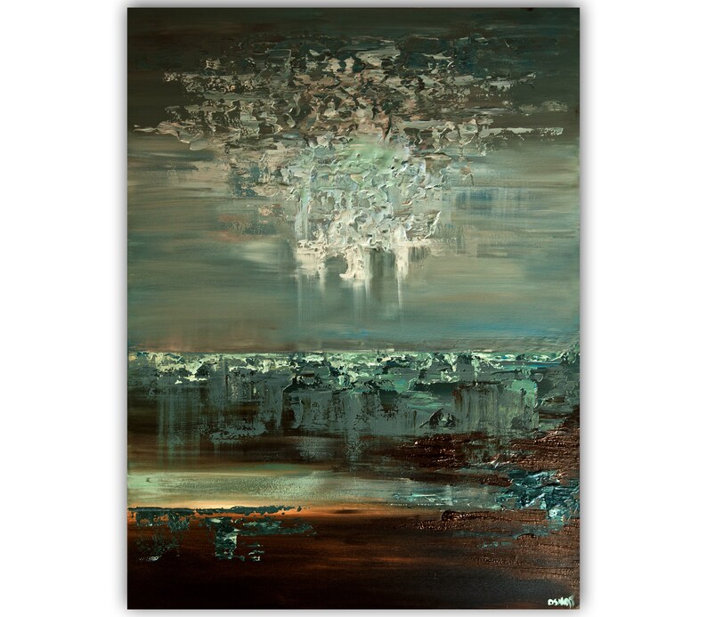Textured Abstract Landscape Painting: Green Brown Canvas Art image 1
