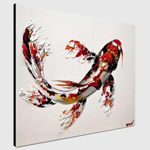 May include: A colorful abstract painting of a koi fish with red, white, black, and yellow scales. The fish is swimming in a white background.