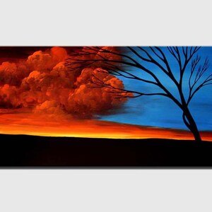 May include: Abstract painting of a sunset with a silhouette of a tree in the foreground. The sky is a vibrant orange and red, with a blue sky above. The tree is black and has branches that extend to the right.
