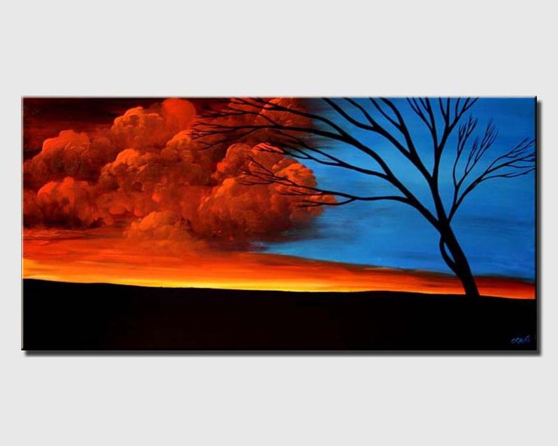 May include: Abstract painting of a sunset with a silhouette of a tree in the foreground. The sky is a vibrant orange and red, with a blue sky above. The tree is black and has branches that extend to the right.