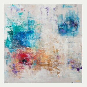May include: Abstract painting with a mix of blue, turquoise, red, orange, and white paint. The painting has a textured look and a modern style.