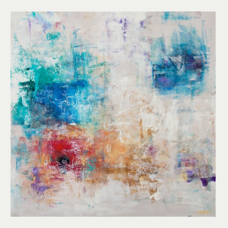 May include: Abstract painting with a mix of blue, turquoise, red, orange, and white paint. The painting has a textured look and a modern style.