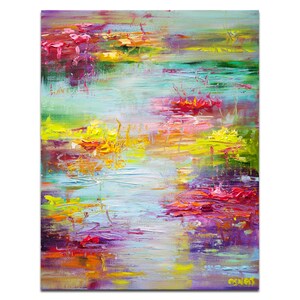May include: Abstract painting with a colorful, impressionistic style. The painting features a variety of colors, including pink, yellow, green, blue, and purple. The colors are blended together to create a sense of movement and depth. The painting is reminiscent of a water scene with lily pads and flowers.