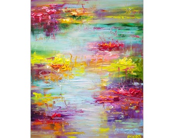 Colorful hand made water lilies painting on canvas, floral art textured painting, modern living room wall art CUSTOM ART