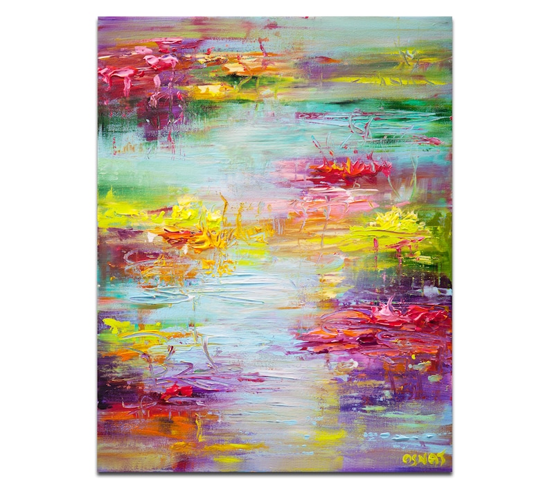 May include: Abstract painting with a colorful, impressionistic style. The painting features a variety of colors, including pink, yellow, green, blue, and purple. The colors are blended together to create a sense of movement and depth. The painting is reminiscent of a water scene with lily pads and flowers.