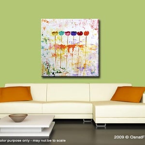 May include: Abstract painting of colourful flowers on a white background. The flowers are in a row and are different colours, including red, orange, yellow, green, blue, and purple. The background is a light white with some texture.