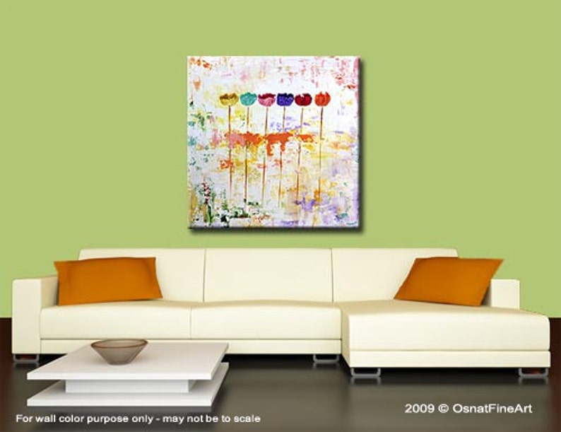 May include: Abstract painting of colourful flowers on a white background. The flowers are in a row and are different colours, including red, orange, yellow, green, blue, and purple. The background is a light white with some texture.
