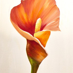 May include: A single orange calla lily with a yellow center, painted in a realistic style.