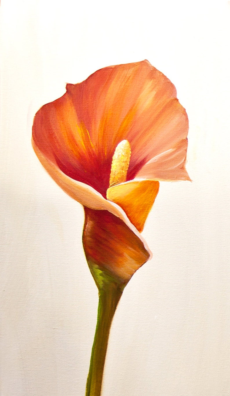 May include: A single orange calla lily with a yellow center, painted in a realistic style.