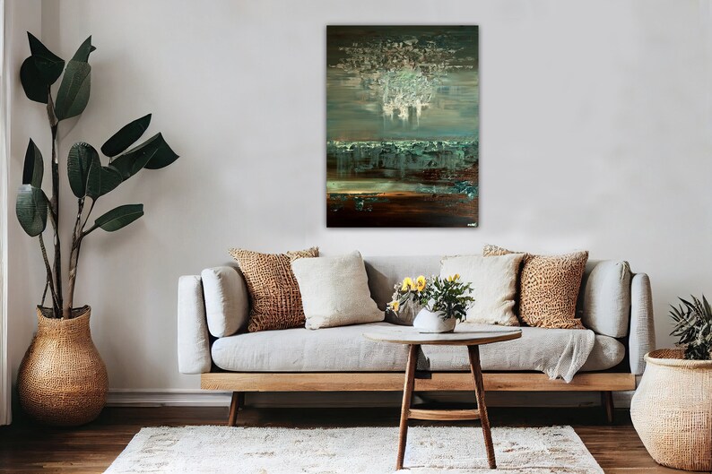 Textured Abstract Landscape Painting: Green Brown Canvas Art image 4