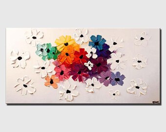 colorful floral print, vibrant flowers print, textured modern fine art Giclee by Osnat