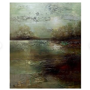May include: Abstract painting with a textured, layered surface. The painting features shades of green, brown, and white, creating a landscape scene with a horizon line and a body of water.