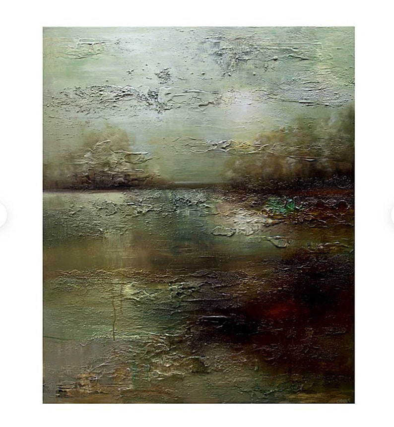 May include: Abstract painting with a textured, layered surface. The painting features shades of green, brown, and white, creating a landscape scene with a horizon line and a body of water.