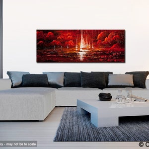 May include: A panoramic oil painting depicting sailboats on a body of water at sunset. The artwork features a vibrant color palette of red, orange, and white, with the sailboats' sails illuminated by the setting sun. The painting is displayed above a modern white sofa.