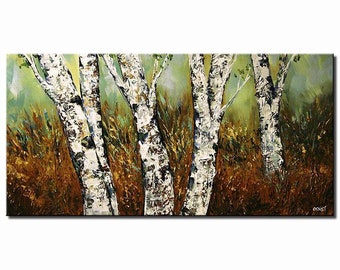 Birch Tree Landscape Art: Textured Canvas Painting, Modern Living Room Decor