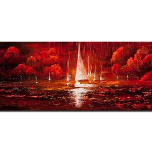 May include: An abstract painting of sailboats on a body of water under a fiery red sky. The artwork features white sailboats with tall masts, set against a backdrop of red clouds and a dark, textured water surface. The painting evokes a sense of drama.