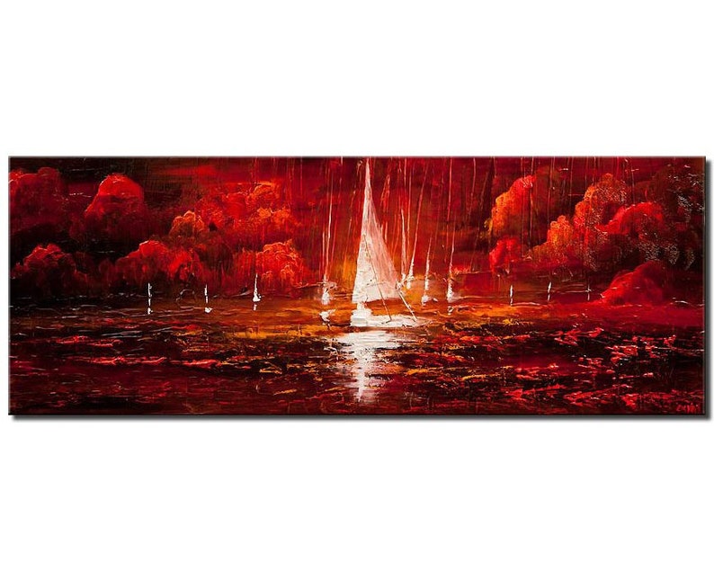 May include: An abstract painting of sailboats on a body of water under a fiery red sky. The artwork features white sailboats with tall masts, set against a backdrop of red clouds and a dark, textured water surface. The painting evokes a sense of drama.