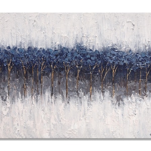 May include: Abstract oil painting of a forest scene. The artwork features a textured, white background with a band of dark blue trees and gold-colored trunks. The painting has a modern, minimalist style.