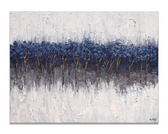 Textured Abstract Painting | Dark Blue White Gold | Modern Minimalism