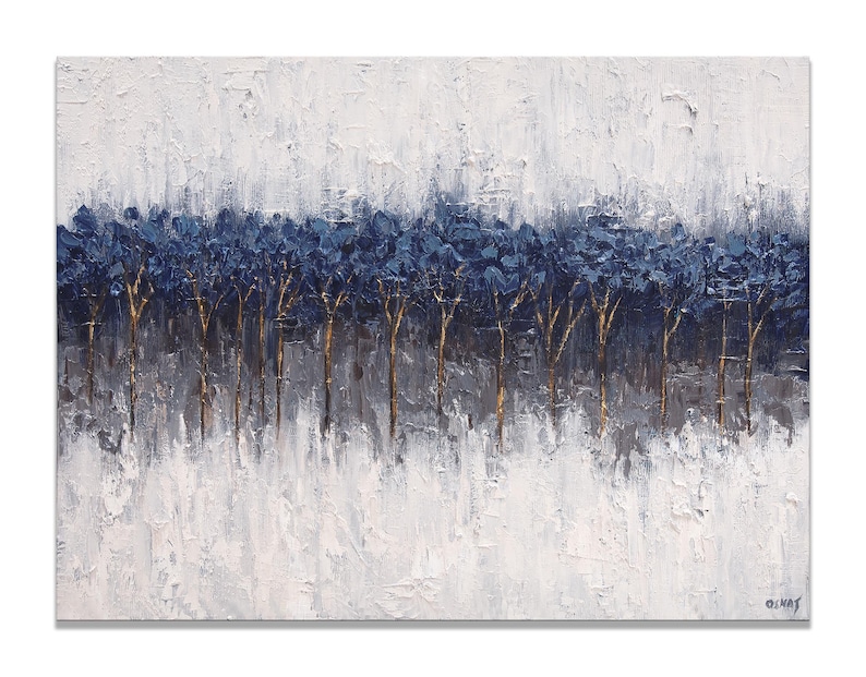 May include: Abstract oil painting of a forest scene. The artwork features a textured, white background with a band of dark blue trees and gold-colored trunks. The painting has a modern, minimalist style.
