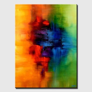 May include: Abstract painting with bold strokes of orange, red, blue, purple, and green. The colors blend and overlap, creating a dynamic and energetic composition.