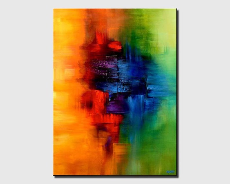 May include: Abstract painting with bold strokes of orange, red, blue, purple, and green. The colors blend and overlap, creating a dynamic and energetic composition.