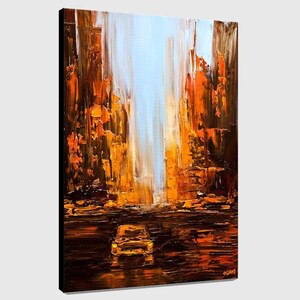 May include: Abstract painting of a city street scene with tall buildings in shades of orange, brown, and yellow. A yellow car is driving down the street. The painting has a textured, impasto style.