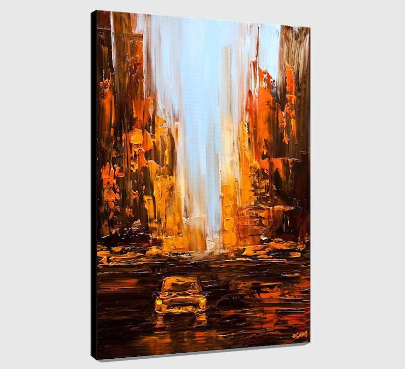 May include: Abstract painting of a city street scene with tall buildings in shades of orange, brown, and yellow. A yellow car is driving down the street. The painting has a textured, impasto style.