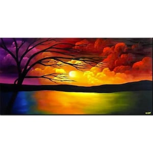 May include: A painting of a sunset over a lake with a silhouette of a tree in the foreground. The sky is a vibrant mix of purple, red, orange, and yellow. The lake reflects the colors of the sky.