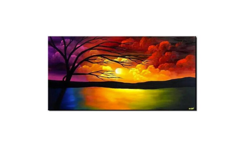 May include: A painting of a sunset over a lake with a silhouette of a tree in the foreground. The sky is a vibrant mix of purple, red, orange, and yellow. The lake reflects the colors of the sky.