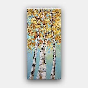 May include: A painting of three birch trees with yellow leaves against a blue sky. The trees are painted in a textured style with white bark and yellow leaves. The sky is a light blue with hints of green.