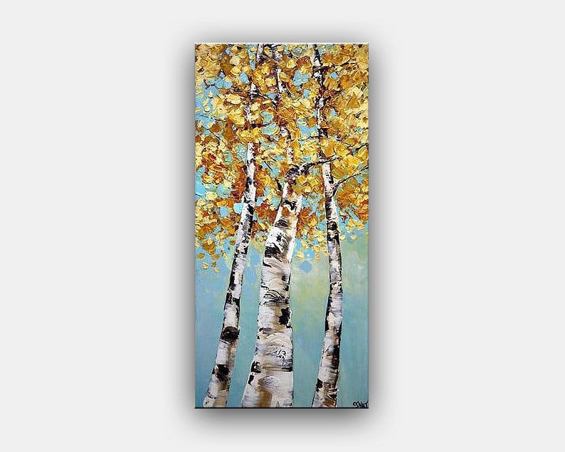 May include: A painting of three birch trees with yellow leaves against a blue sky. The trees are painted in a textured style with white bark and yellow leaves. The sky is a light blue with hints of green.