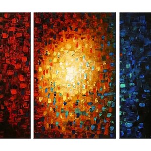 May include: Abstract triptych painting with a central burst of light in shades of yellow, orange, and red. The left panel is predominantly red, the right panel is blue, and the center panel is a mix of colors.
