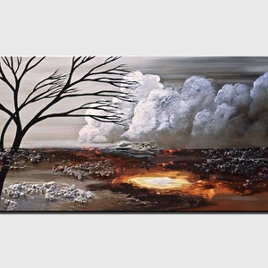 May include: Abstract painting with a black silhouette of a tree in the foreground, a white cloudy sky, and a brown and orange landscape in the background.