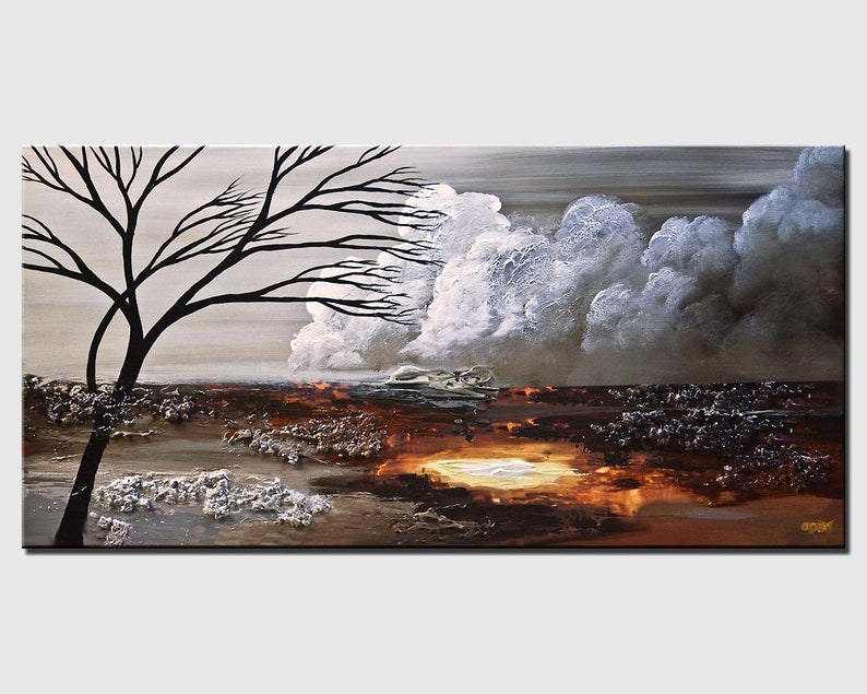 May include: Abstract painting with a black silhouette of a tree in the foreground, a white cloudy sky, and a brown and orange landscape in the background.