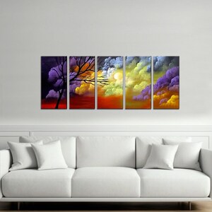 May include: A five-piece abstract painting set featuring a silhouette of a tree against a colorful sunset sky. The painting is divided into five panels, each with a different color scheme. The colors are vibrant and bold, and the overall effect is one of peace and tranquility.