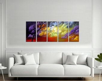 big colorful modern landscape tree painting on canvas, original decorative clouds art CUSTOM ART