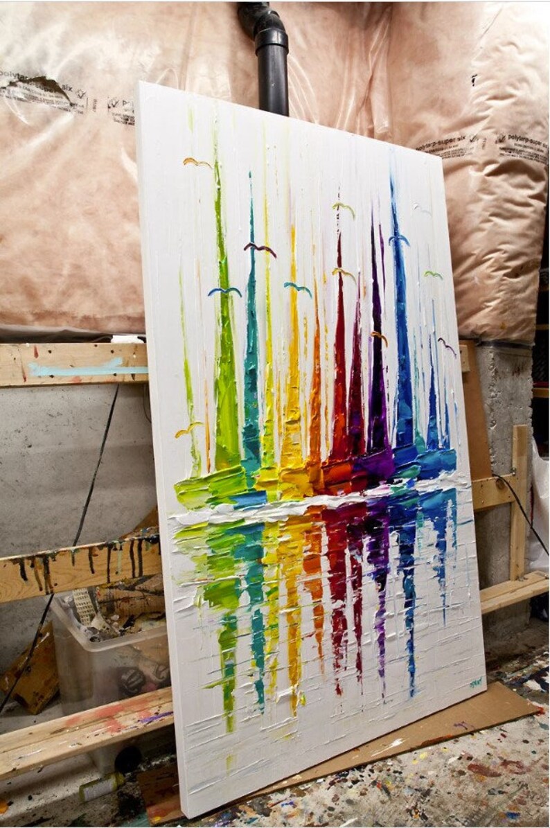 May include: Abstract painting of colorful sailboats reflected in the water. The painting is done in a thick, textured style with bright colors.