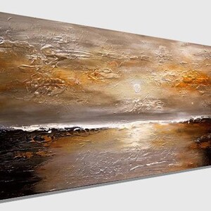 May include: Abstract painting of a seascape with a golden sunset over a dark, textured water surface. The painting has a textured, layered look with shades of brown, gold, and gray.