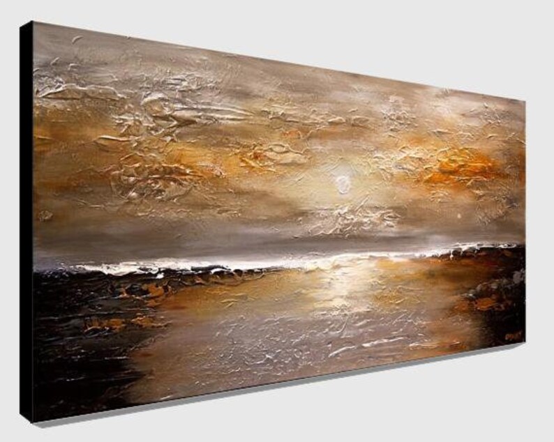 May include: Abstract painting of a seascape with a golden sunset over a dark, textured water surface. The painting has a textured, layered look with shades of brown, gold, and gray.