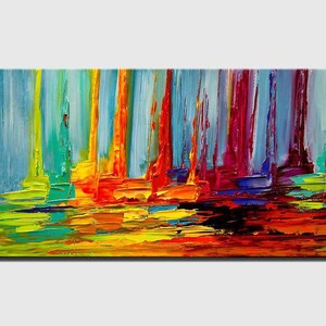 May include: Abstract painting with bold strokes of blue, green, yellow, orange, red, and purple. The colors are layered and blended to create a sense of depth and movement.