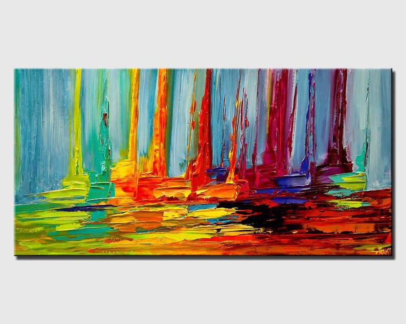 May include: Abstract painting with bold strokes of blue, green, yellow, orange, red, and purple. The colors are layered and blended to create a sense of depth and movement.