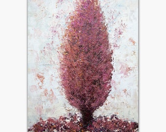 Modern abstract tree painting canvas art, vertical textured tree art pink white gold living room wall art decor by Osnat