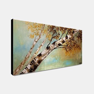 May include: Abstract painting of a birch tree with white bark and golden leaves against a blue and green background.