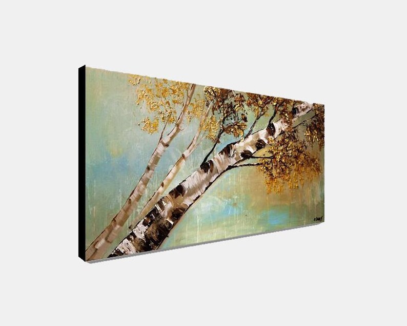 May include: Abstract painting of a birch tree with white bark and golden leaves against a blue and green background.