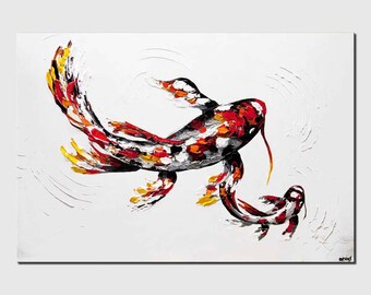 Red Koi Fish Painting on Canvas: Textured Modern Art (48"x32")