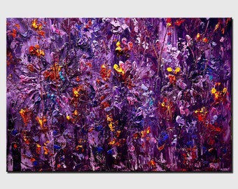 Handmade Purple Floral Painting on Canvas: Textured 3D Modern Art